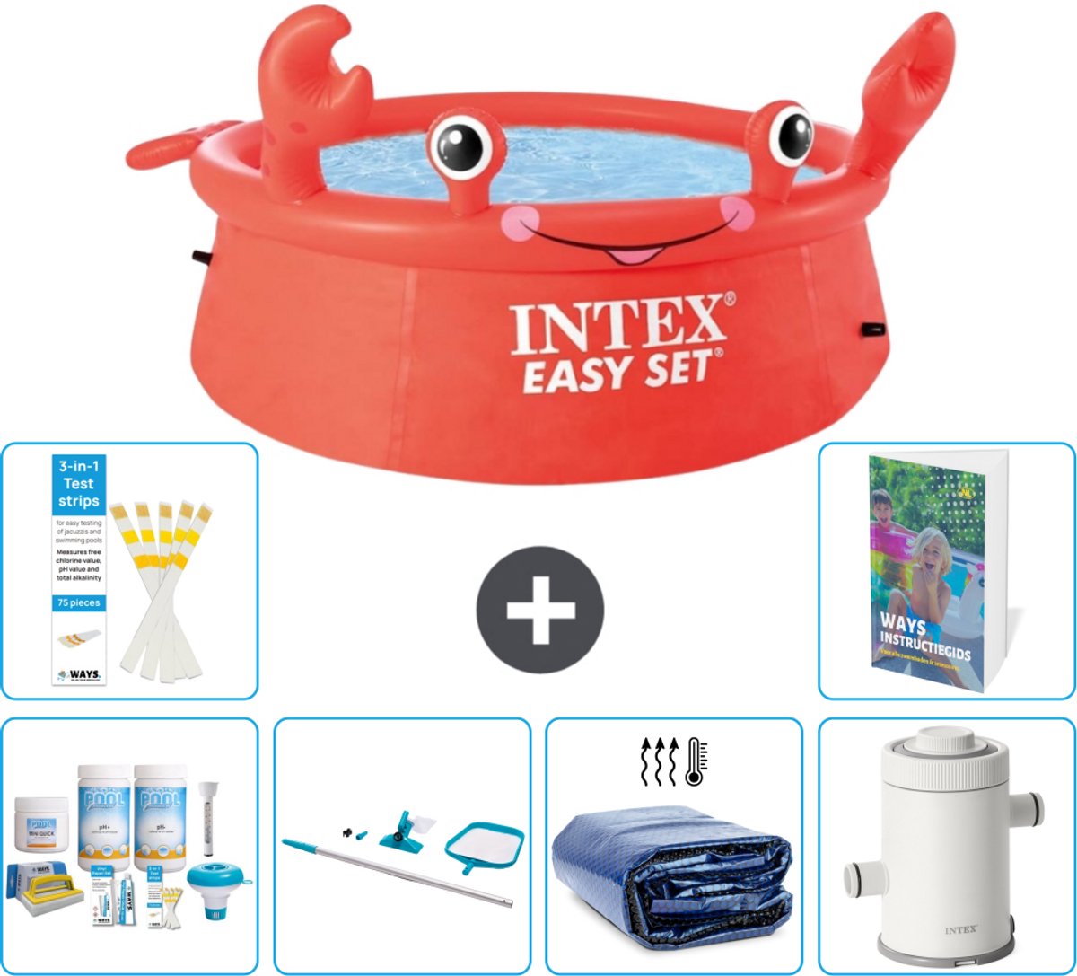 Intex Rond Opblaasbaar Easy Set Zwembad - 183 x 51 cm - Rood - Krab - Inclusief Onderhoudspakket - Schoonmaakset - Solarzeil - Zwembadfilterpomp - 7-delig