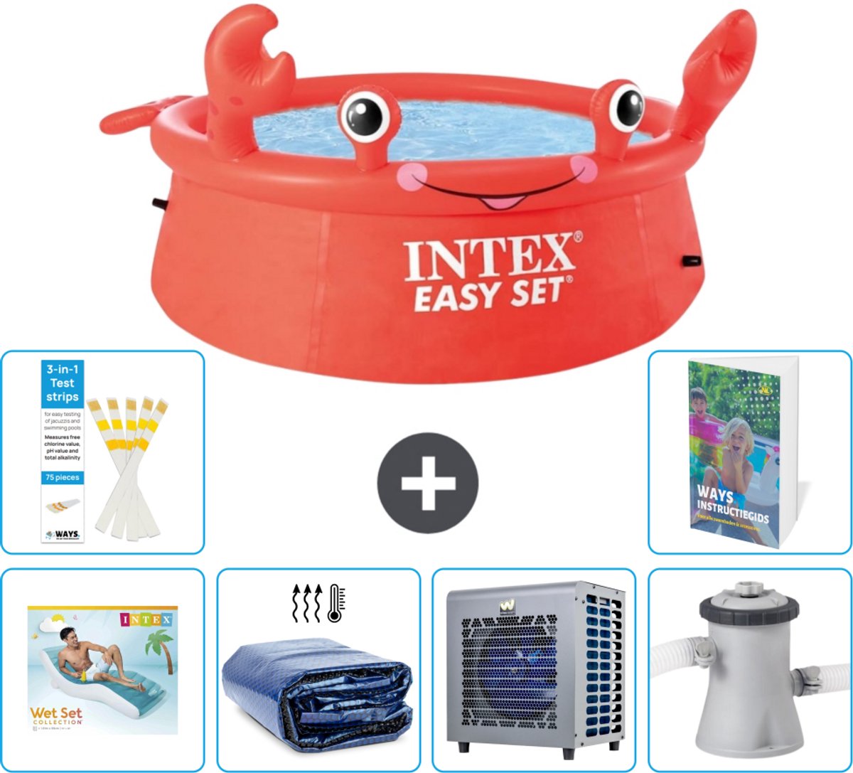 Intex Rond Opblaasbaar Easy Set Zwembad - 183 x 51 cm - Rood - Krab - Inclusief Loungebed - Solarzeil - Warmtepomp - Zwembadfilterpomp - 7-delig
