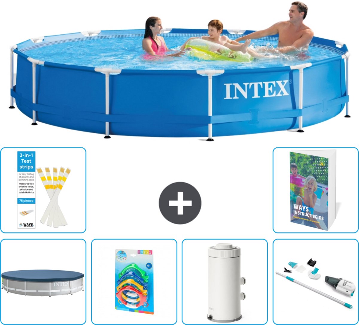 Intex Rond Frame Zwembad - 366 x 76 cm - Blauw - Inclusief Afdekzeil - Speelgoed - Zwembadfilterpomp - Stofzuiger - 7-delig