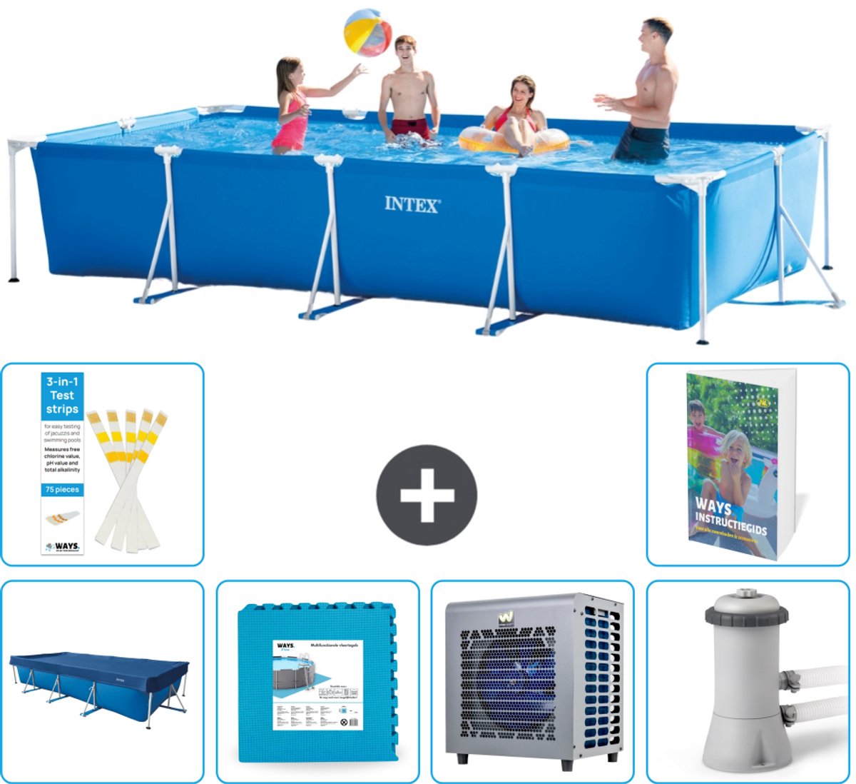 Intex Rechthoekig Frame Zwembad - 450 x 220 x 84 cm - Blauw - Inclusief Afdekzeil - Vloertegels - Warmtepomp - Zwembadfilterpomp - 7-delig