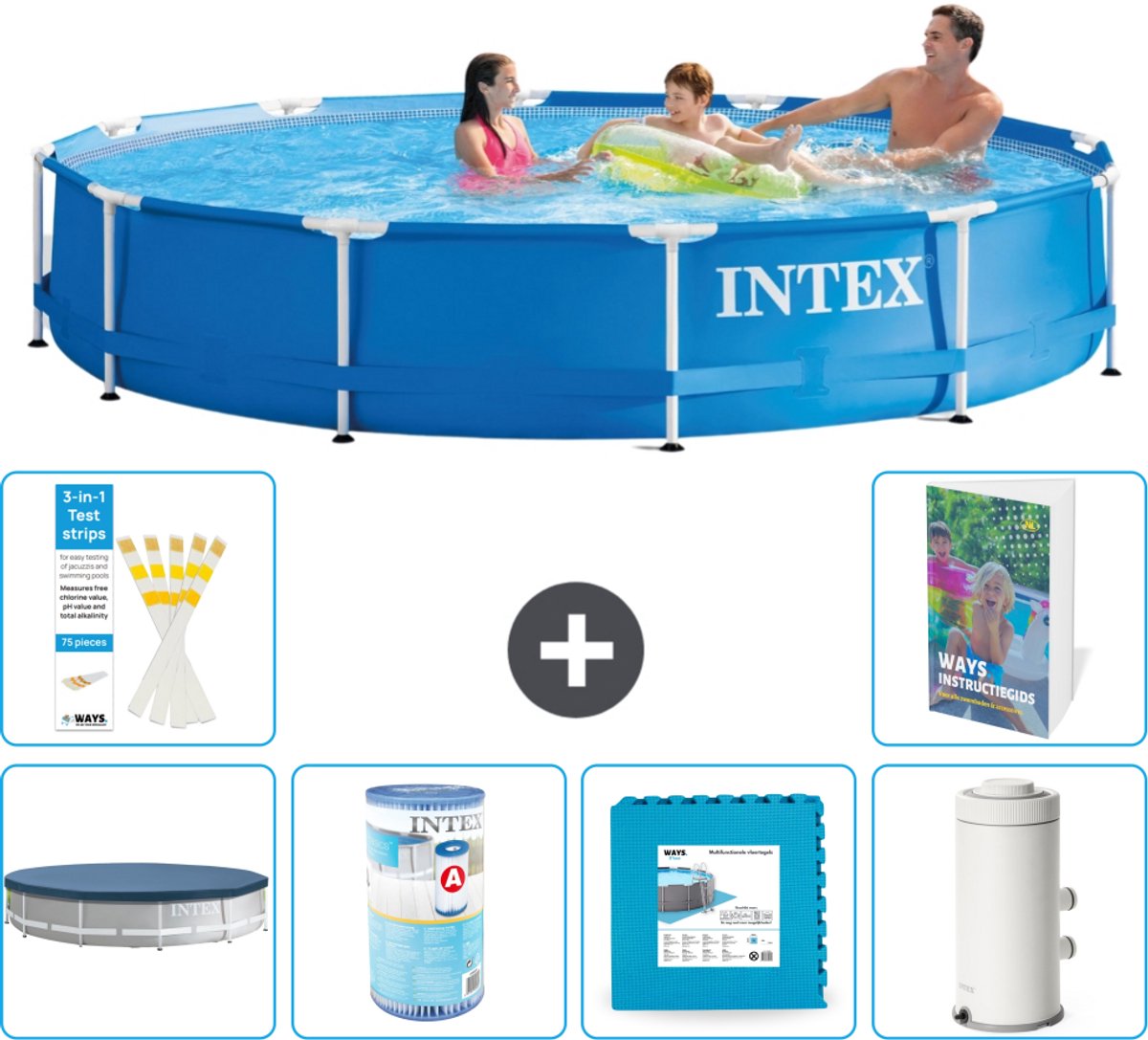 Intex Rond Frame Zwembad - 366 x 76 cm - Blauw - Inclusief Afdekzeil - Filter - Vloertegels - Zwembadfilterpomp - 7-delig