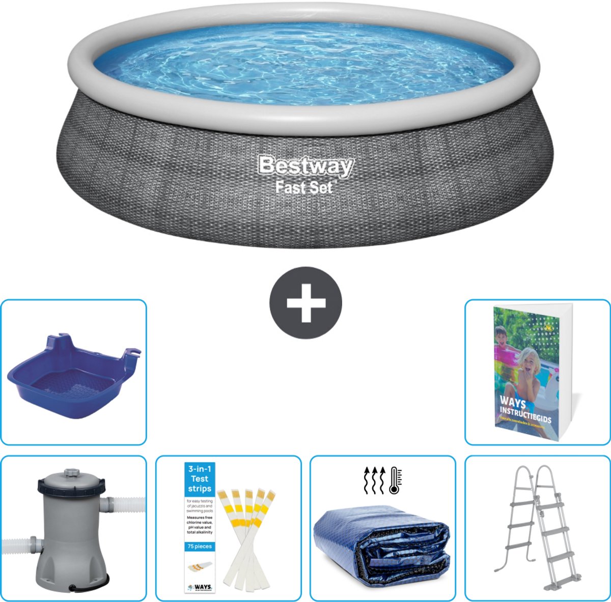 Bestway Rond Opblaasbaar Fast Set Zwembad - Rotanprint - 457 x 107 cm - Inclusief Pomp - Ladder - Solarzeil - Voetenbad - 7-delig