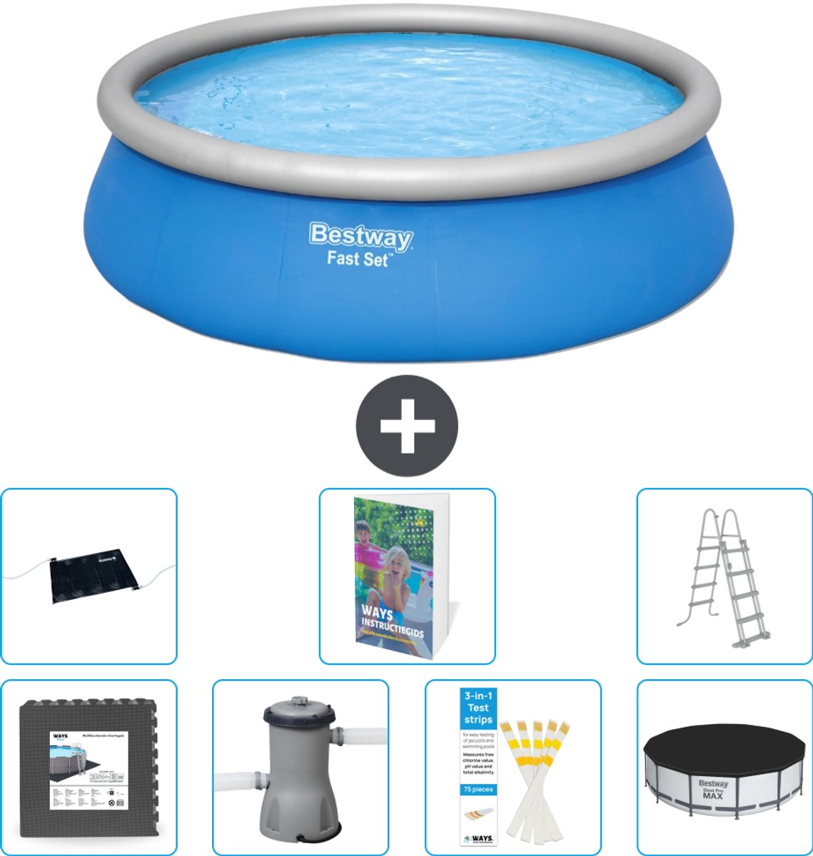 Bestway Rond Opblaasbaar Fast Set Zwembad - 457 x 122 cm - Blauw - Inclusief Pomp - Ladder - Afdekzeil - Solar Mat - Vloertegels - 8-delig
