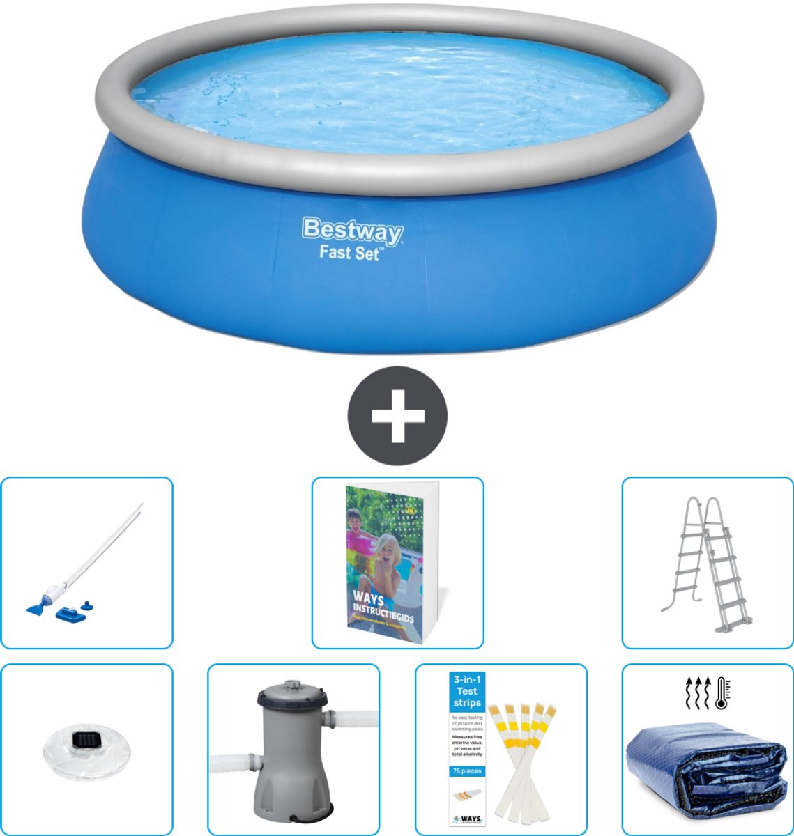 Bestway Rond Opblaasbaar Fast Set Zwembad - 457 x 122 cm - Blauw - Inclusief Pomp - Ladder - Solarzeil - Stofzuiger - Verlichting - 8-delig