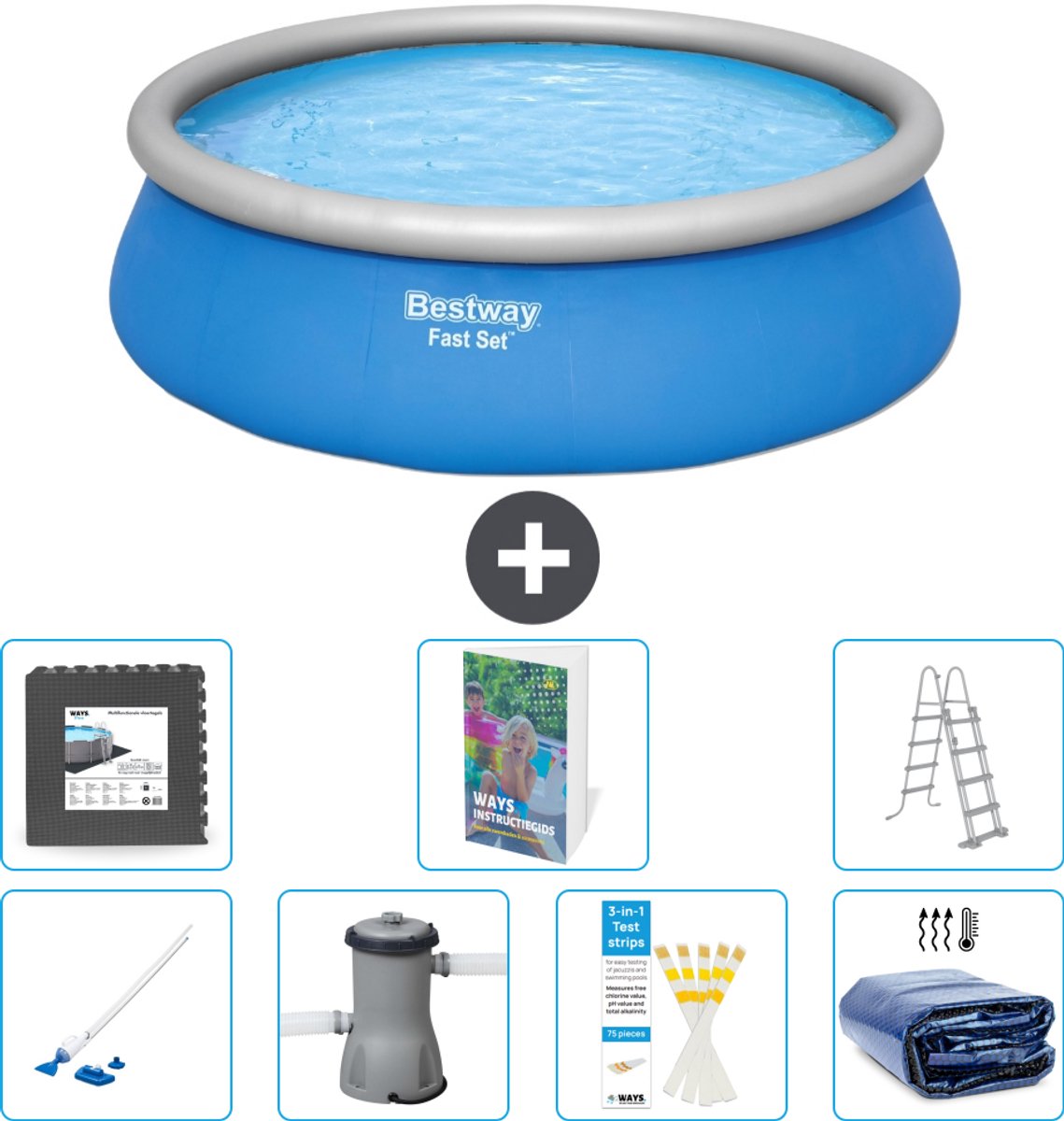 Bestway Rond Opblaasbaar Fast Set Zwembad - 457 x 122 cm - Blauw - Inclusief Pomp - Ladder - Solarzeil - Vloertegels - Stofzuiger - 8-delig