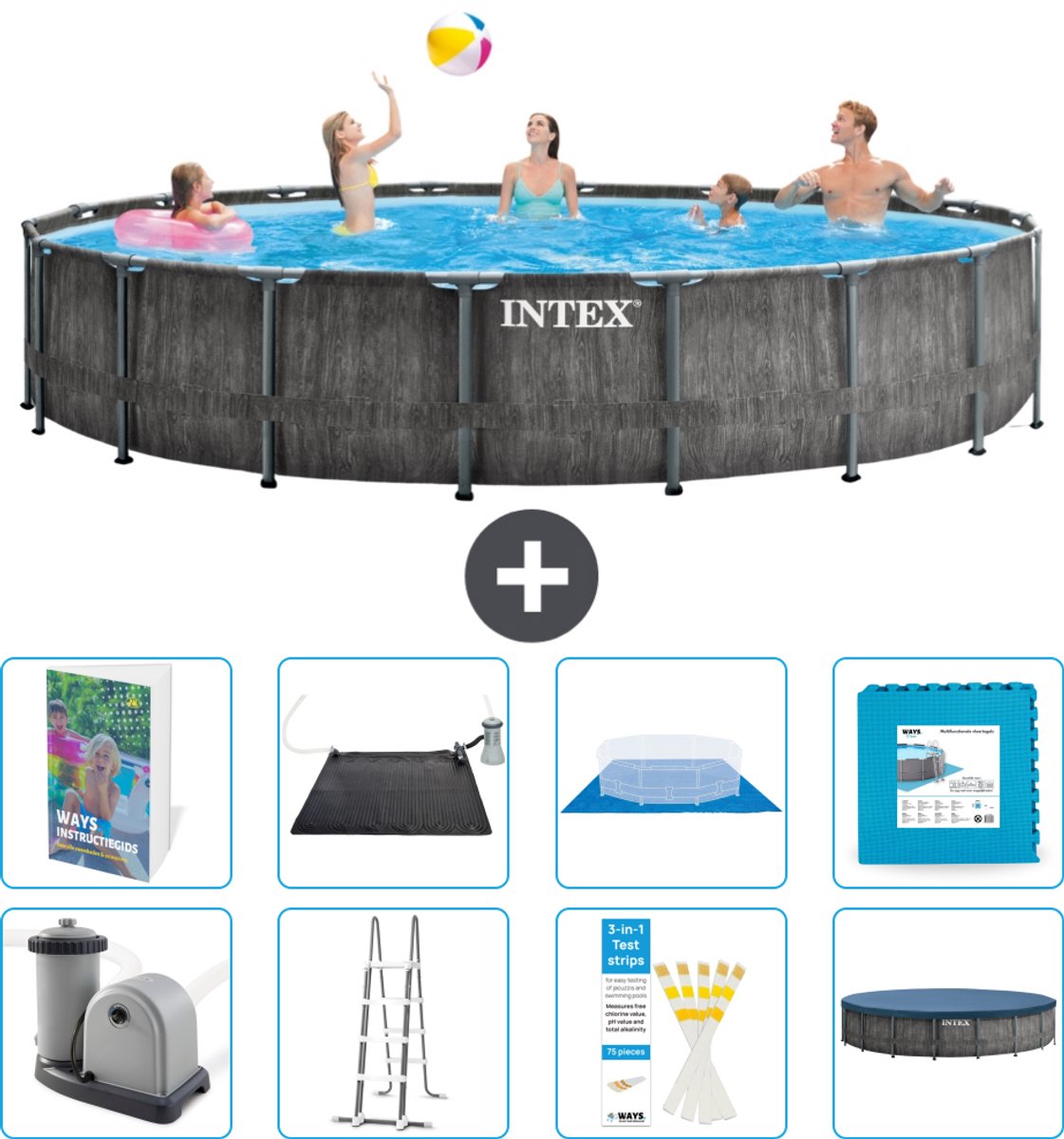 Intex Rond Prism Frame Greywood Zwembad - 549 x 122 cm - Inclusief Pomp - Ladder - Grondzeil - Afdekzeil - Solar Mat - Vloertegels - 9-delig
