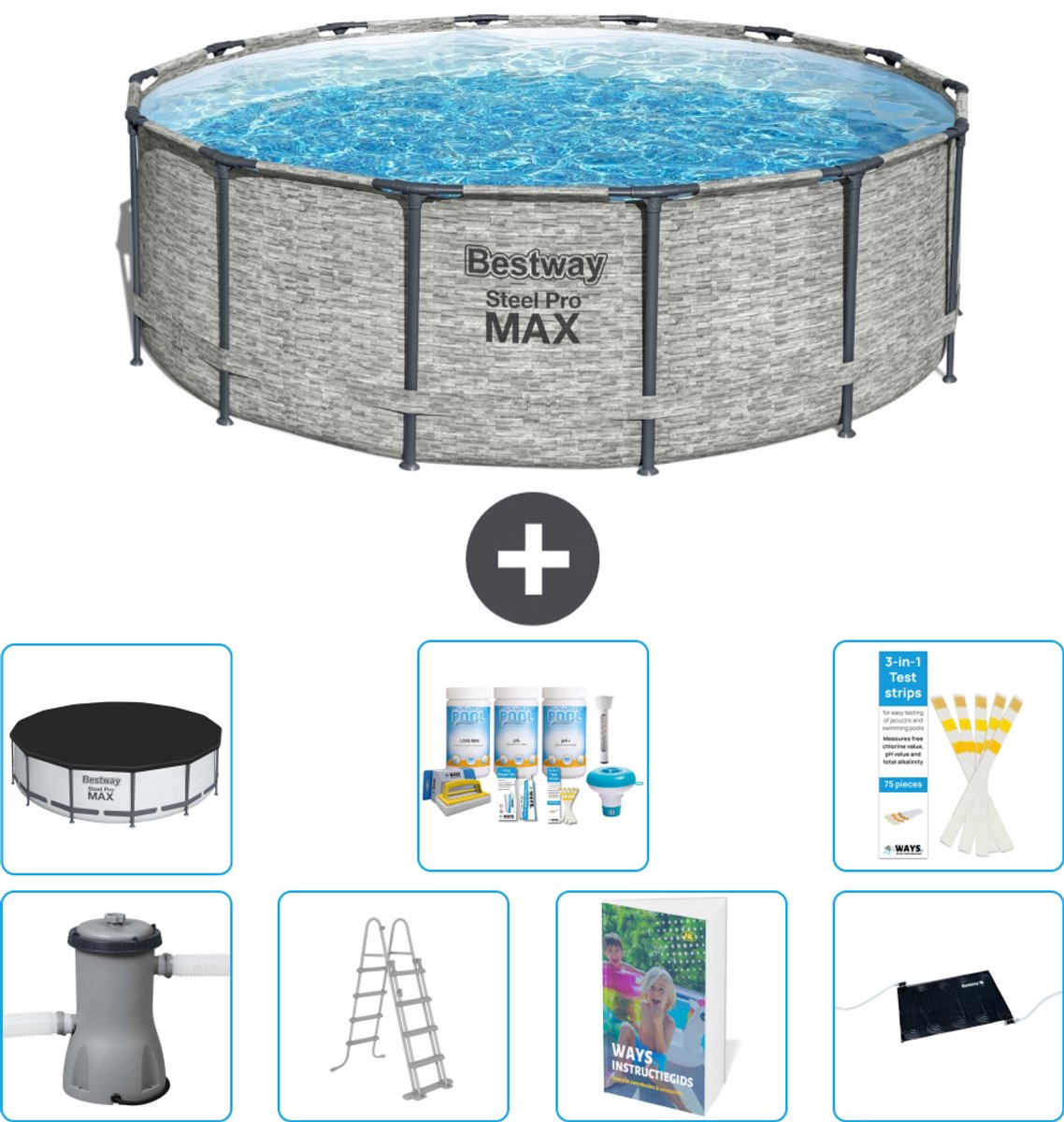 Bestway Rond Steel Pro MAX Zwembad - Steenprint - 427 x 122 cm - Inclusief Pomp - Ladder - Afdekzeil - Onderhoudspakket - Solar Mat - 8-delig