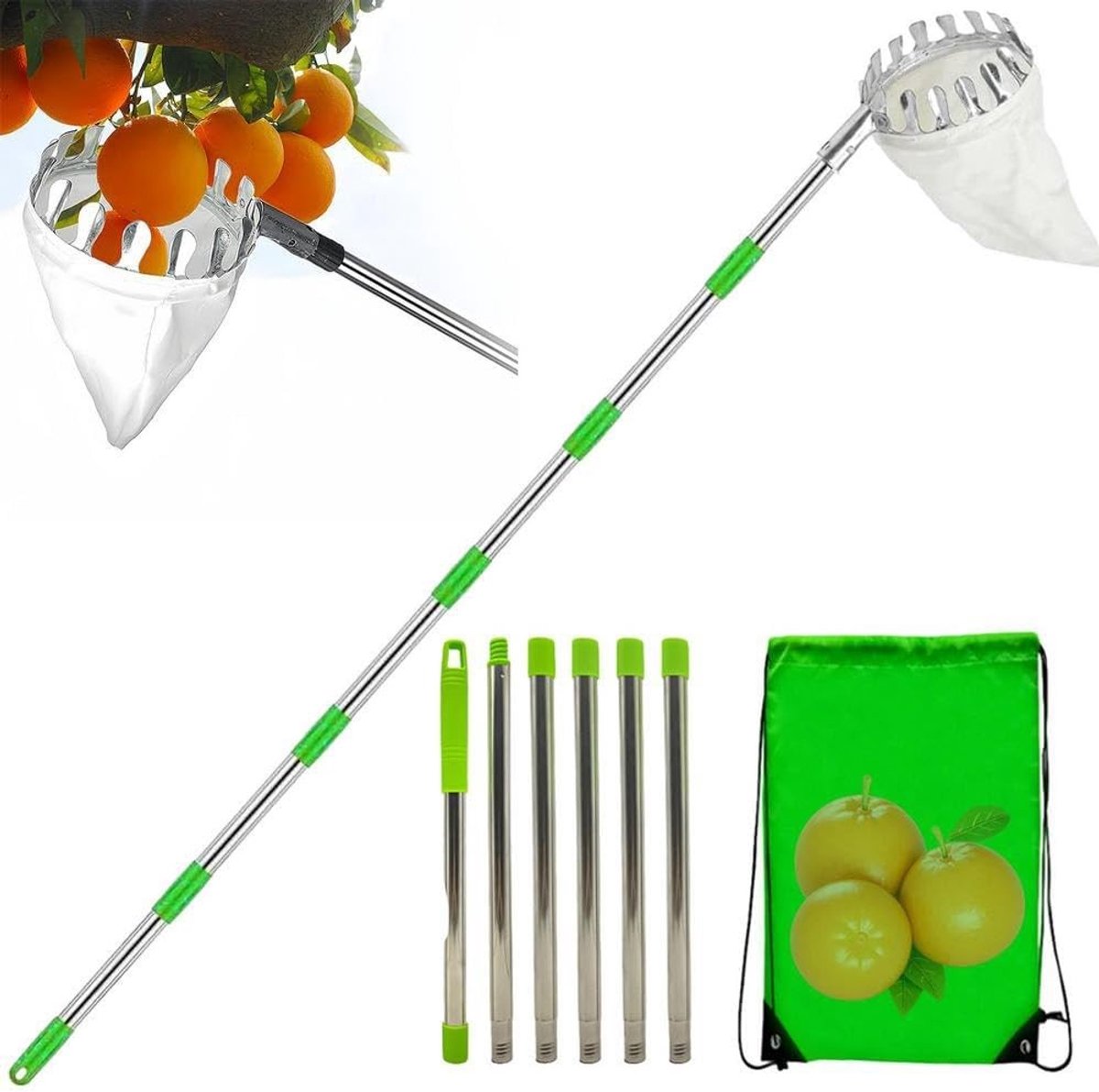 Fruitplukker met telescopische steel, 4.2 meter lange fruitplukker van roestvrij staal met lichtgewicht katoenen tas voor eenvoudig plukken van appels en ander fruit