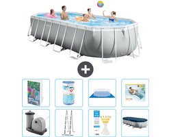 Intex Ovaal Prism Frame Zwembad - 610 x 305 x 122 cm - Grijs - Inclusief Pomp - Ladder - Grondzeil - Afdekzeil - Filter - Loungebed - 9-delig
