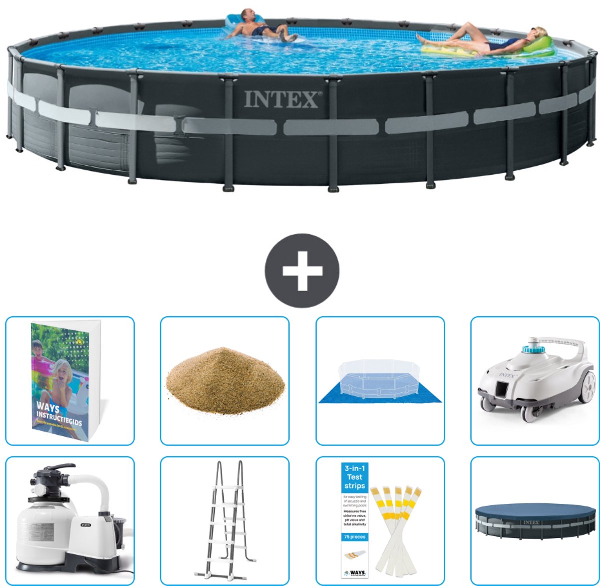 Intex Rond Ultra XTR Frame Zwembad - 732 x 132 cm - Inclusief Pomp - Ladder - Grondzeil - Afdekzeil - Filterzand - Stofzuiger - 9-delig