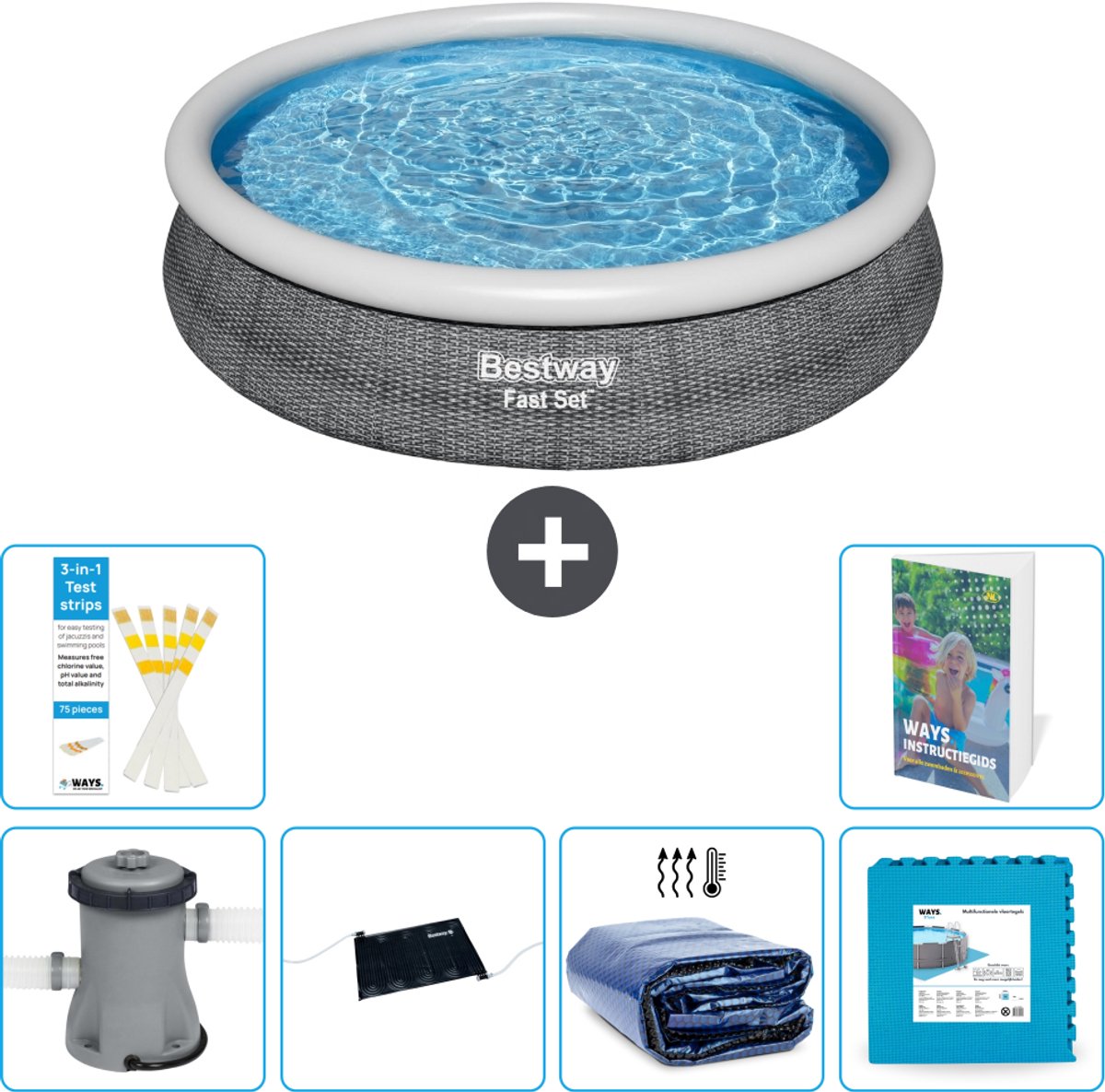 Bestway Rond Opblaasbaar Fast Set Zwembad - Rotanprint - 366 x 76 cm - Inclusief Pomp - Solar Mat - Solarzeil - Vloertegels - 7-delig