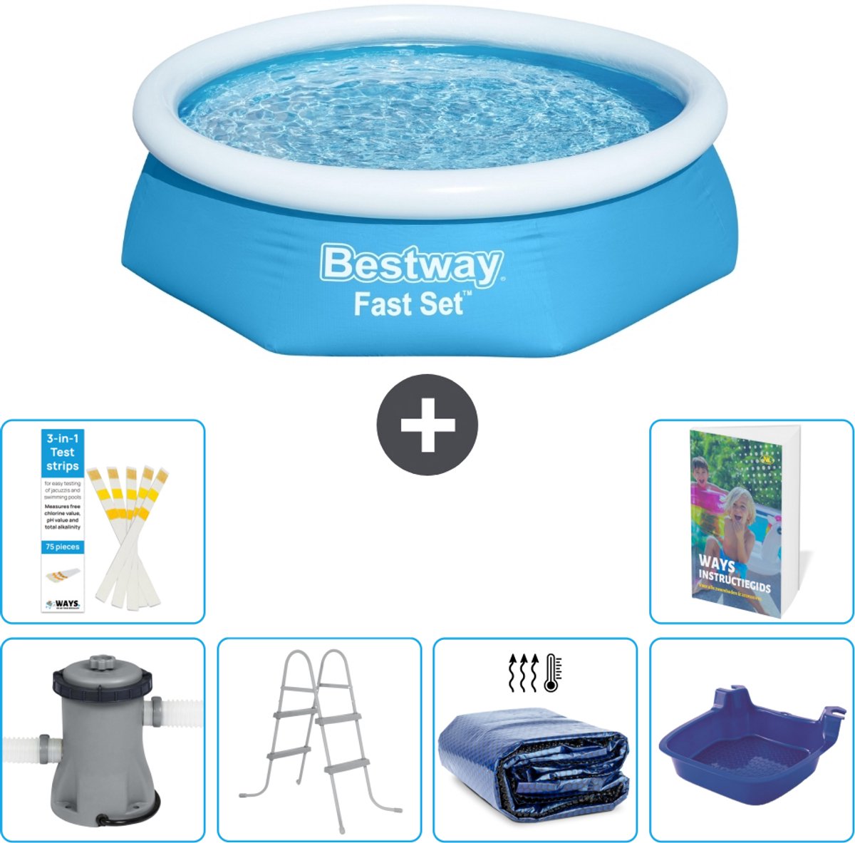 Bestway Rond Opblaasbaar Fast Set Zwembad - 244 x 61 cm - Blauw - Inclusief Pomp - Ladder - Solarzeil - Voetenbad - 7-delig
