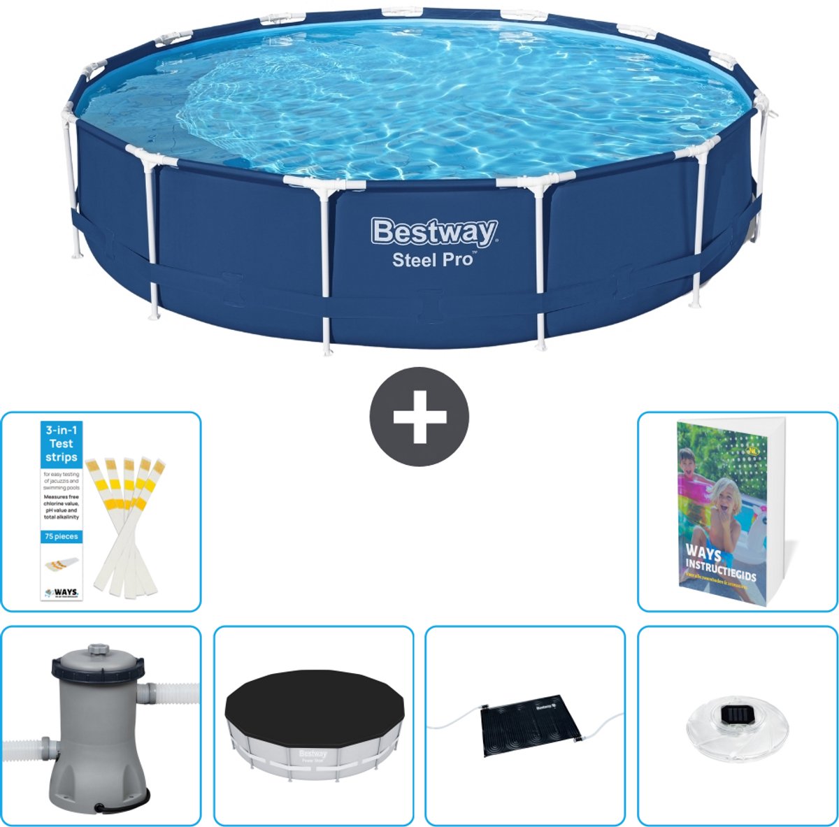 Bestway Rond Steel Pro Zwembad - 396 x 84 cm - Blauw - Inclusief Pomp - Afdekzeil - Solar Mat - Verlichting - 7-delig