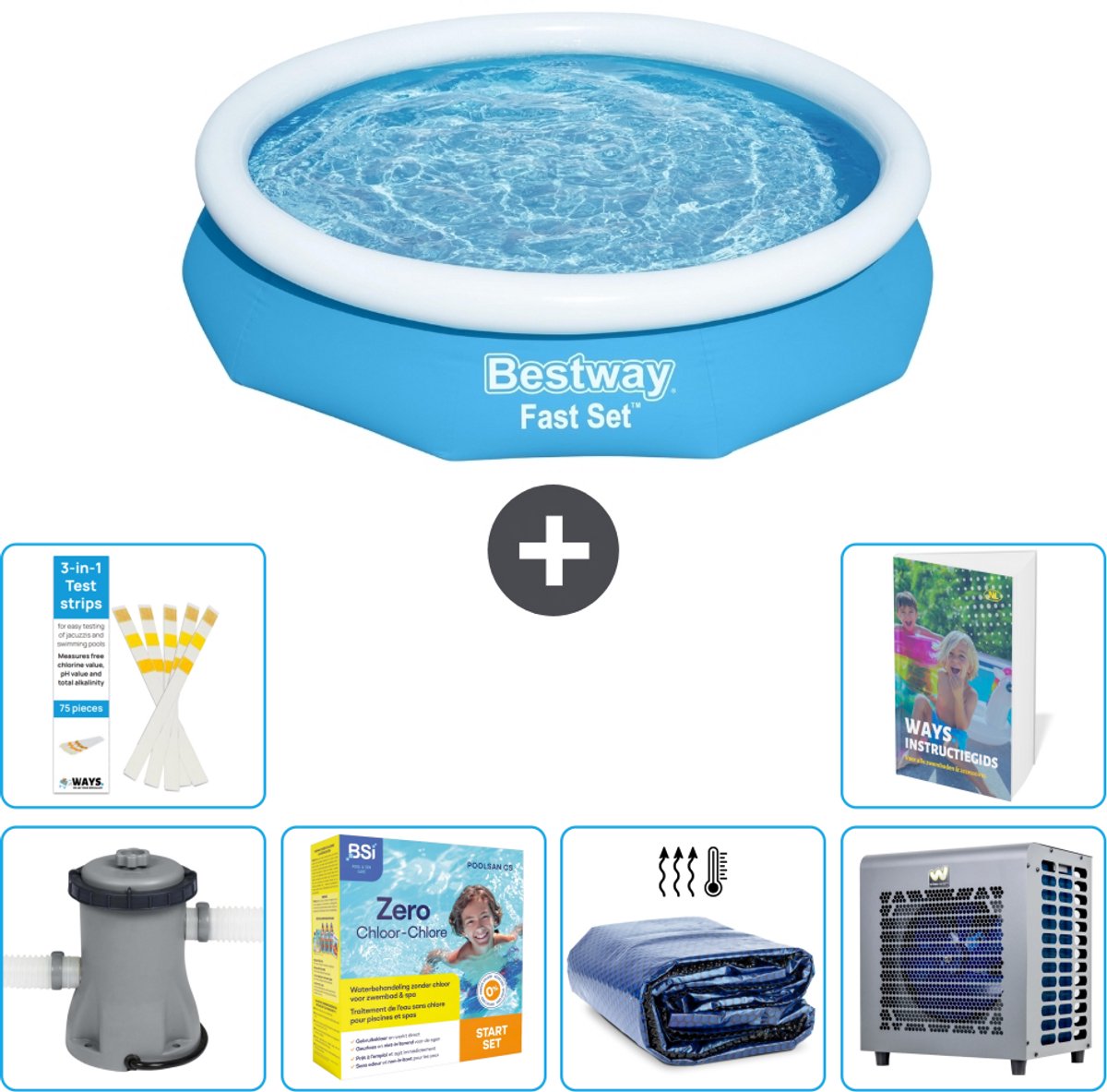 Bestway Rond Opblaasbaar Fast Set Zwembad - 305 x 66 cm - Blauw - Inclusief Pomp - Onderhoudspakket - Solarzeil - Warmtepomp - 7-delig
