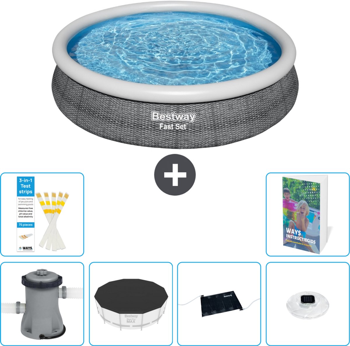 Bestway Rond Opblaasbaar Fast Set Zwembad - Rotanprint - 366 x 76 cm - Inclusief Pomp - Afdekzeil - Solar Mat - Verlichting - 7-delig