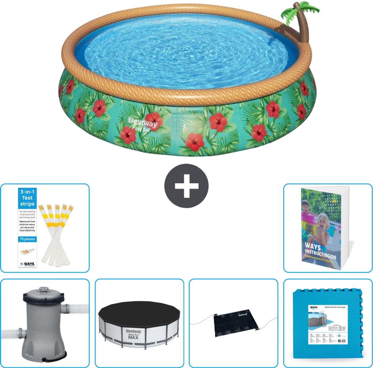 Bestway Rond Opblaasbaar Fast Set Zwembad - Paradijsprint - 457 x 84 cm - Inclusief Pomp - Afdekzeil - Solar Mat - Vloertegels - 7-delig