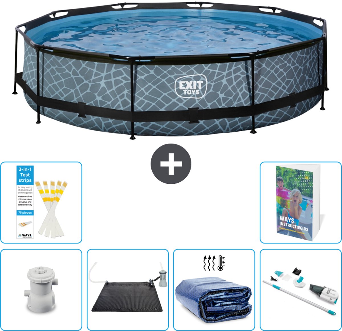 EXIT Rond Stone Frame Zwembad - 360 x 76 cm - Inclusief Pomp - Solar Mat - Solarzeil - Stofzuiger - 7-delig