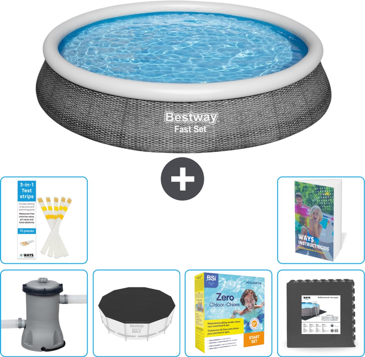 Bestway Rond Opblaasbaar Fast Set Zwembad - Rotanprint - 396 x 84 cm - Inclusief Pomp - Afdekzeil - Onderhoudspakket - Vloertegels - 7-delig