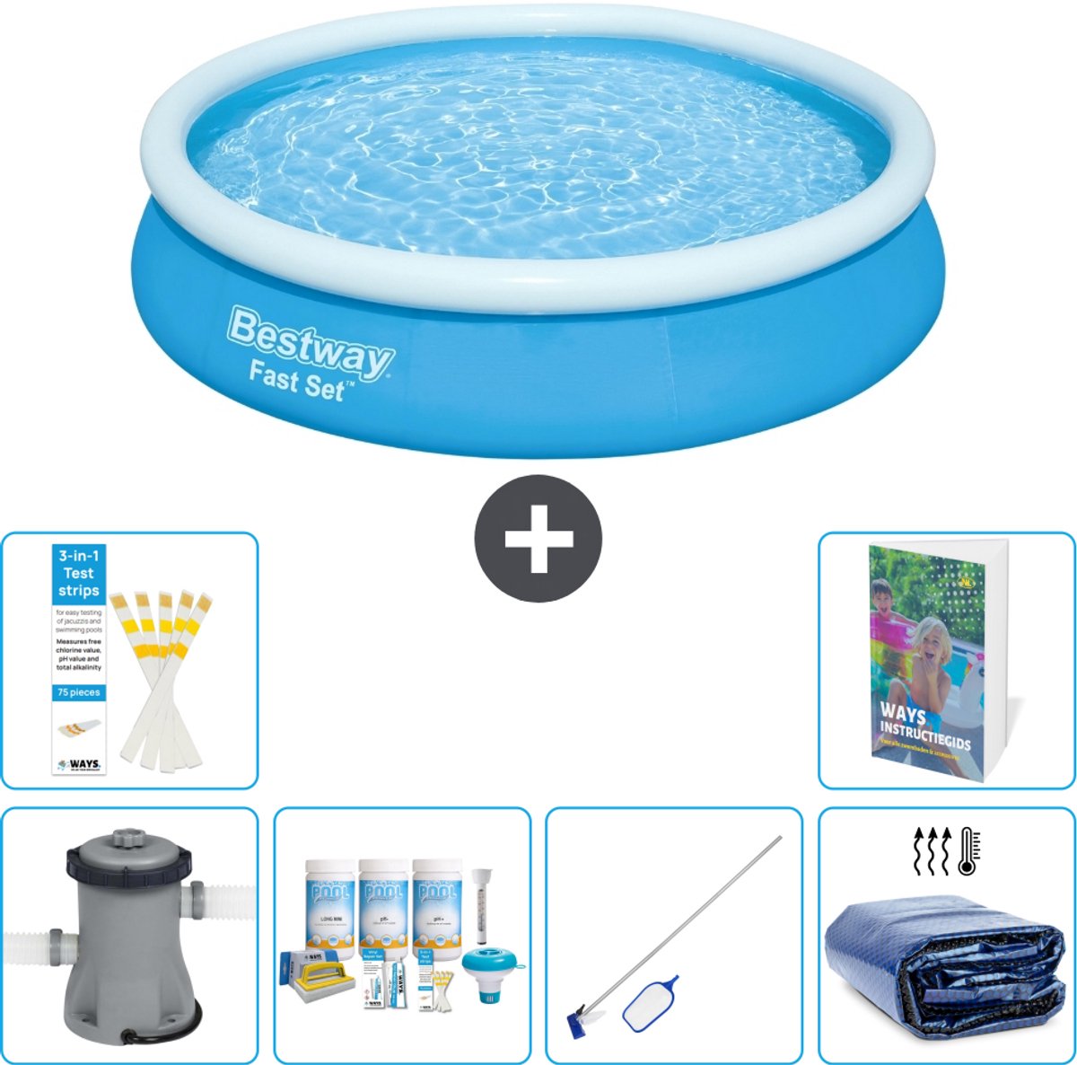 Bestway Rond Opblaasbaar Fast Set Zwembad - 366 x 76 cm - Blauw - Inclusief Pomp - Onderhoudspakket - Schoonmaakset - Solarzeil - 7-delig
