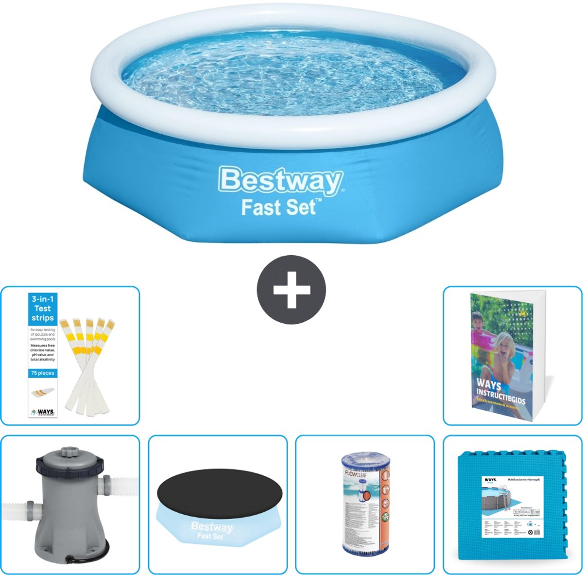 Bestway Rond Opblaasbaar Fast Set Zwembad - 244 x 61 cm - Blauw - Inclusief Pomp - Afdekzeil - Filter - Vloertegels - 7-delig