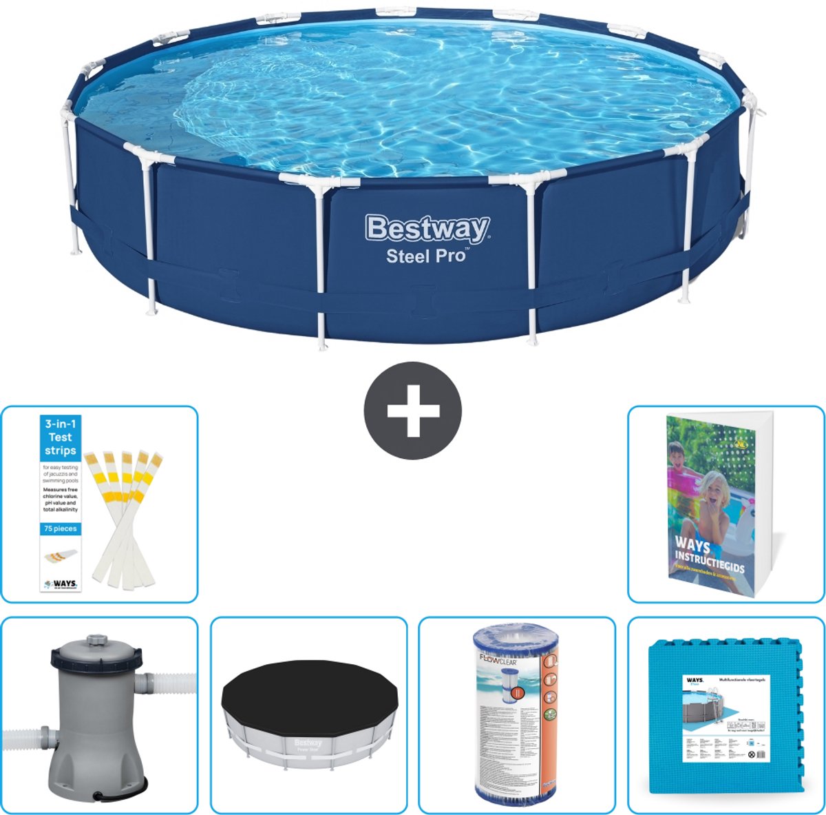 Bestway Rond Steel Pro Zwembad - 396 x 84 cm - Blauw - Inclusief Pomp - Afdekzeil - Filter - Vloertegels - 7-delig