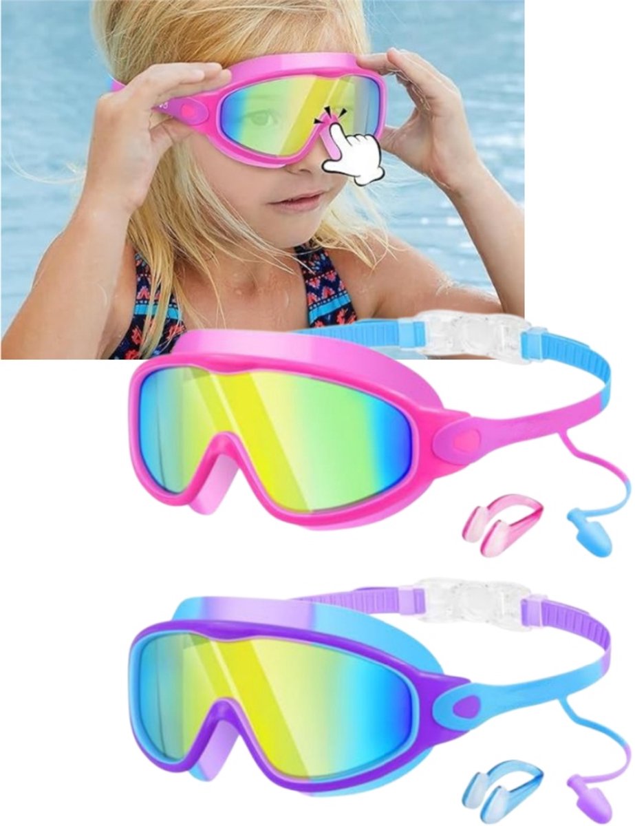 2-delige zwembril voor kinderen - breed gezichtsveld, anti-condens lenzen - zwembril - waterbril - 17,5 mm (L) x 8,5 mm (B) x 8,5 mm (H) voor kinderen van 8-15 jaar - roze en paars
