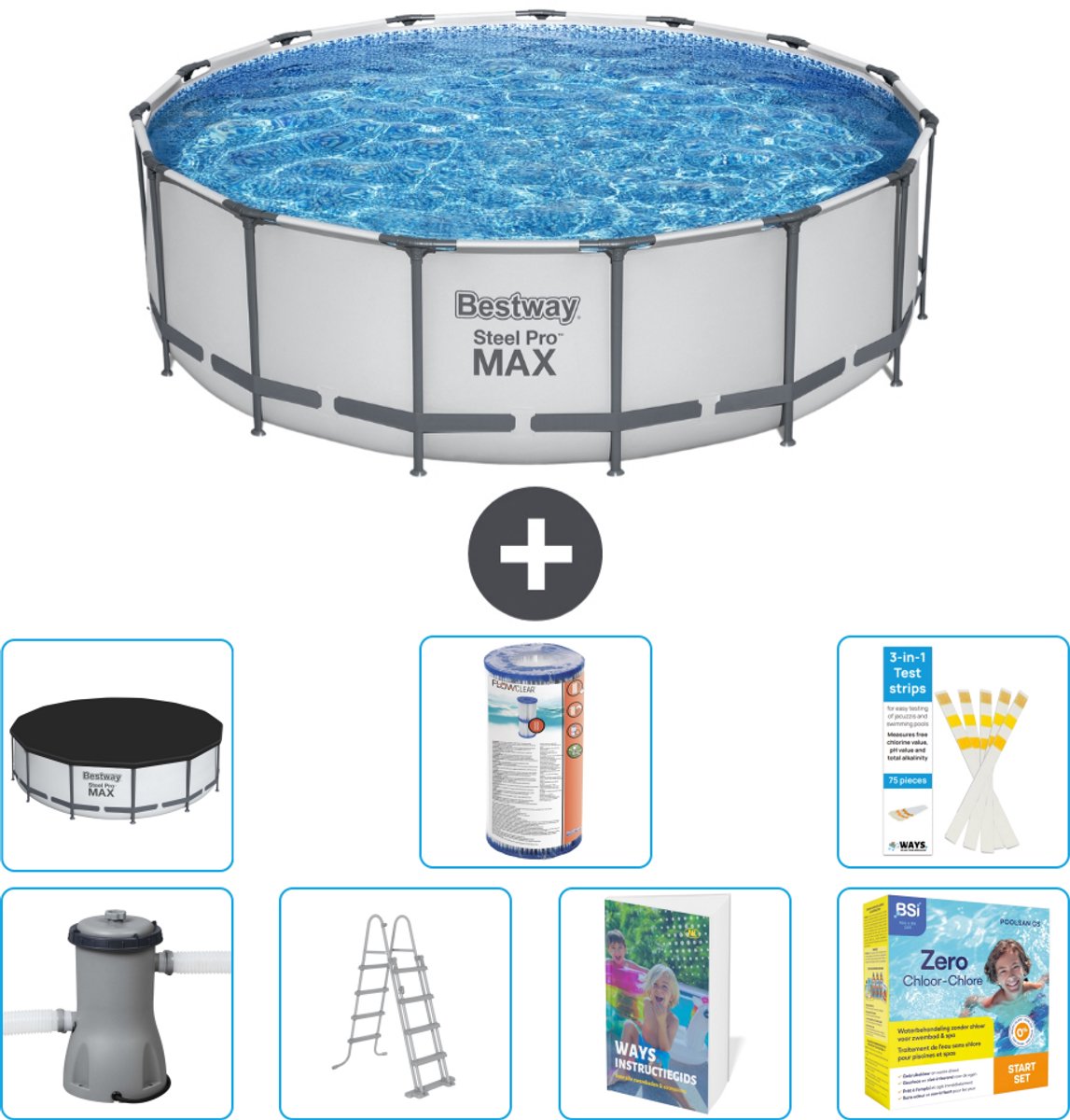 Bestway Rond Steel Pro MAX Zwembad - 457 x 122 cm - Grijs - Inclusief Pomp - Ladder - Afdekzeil - Filter - Onderhoudspakket - 8-delig