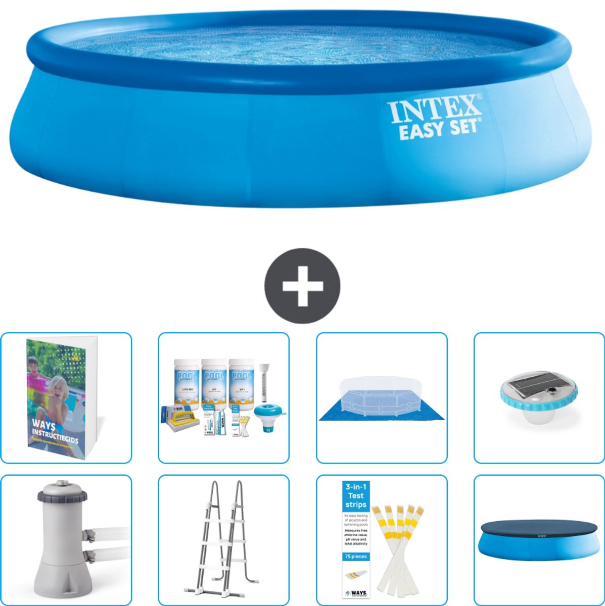 Intex Rond Opblaasbaar Easy Set Zwembad - 457 x 107 cm - Blauw - Inclusief Pomp - Ladder - Grondzeil - Afdekzeil - Onderhoudspakket - Verlichting - 9-delig