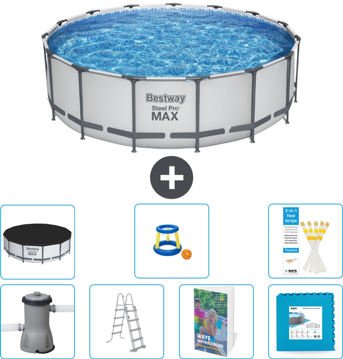 Bestway Rond Steel Pro MAX Zwembad - 457 x 122 cm - Grijs - Inclusief Pomp - Ladder - Afdekzeil - Speelgoed - Vloertegels - 8-delig