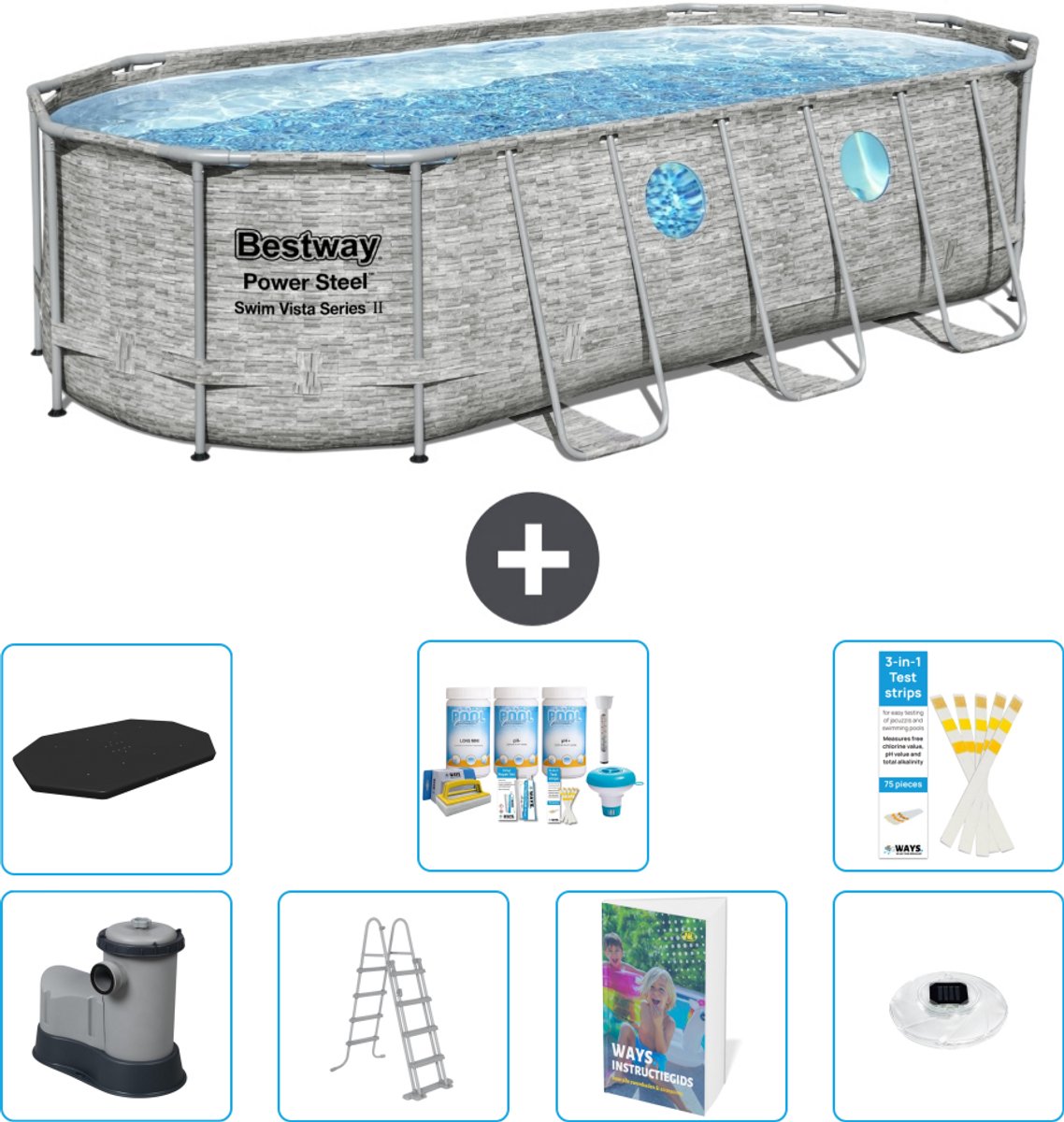 Bestway Ovaal Power Steel Swim Vista Zwembad - Steenprint - 549 x 274 x 122 - Inclusief Pomp - Ladder - Afdekzeil - Onderhoudspakket - Verlichting - 8-delig