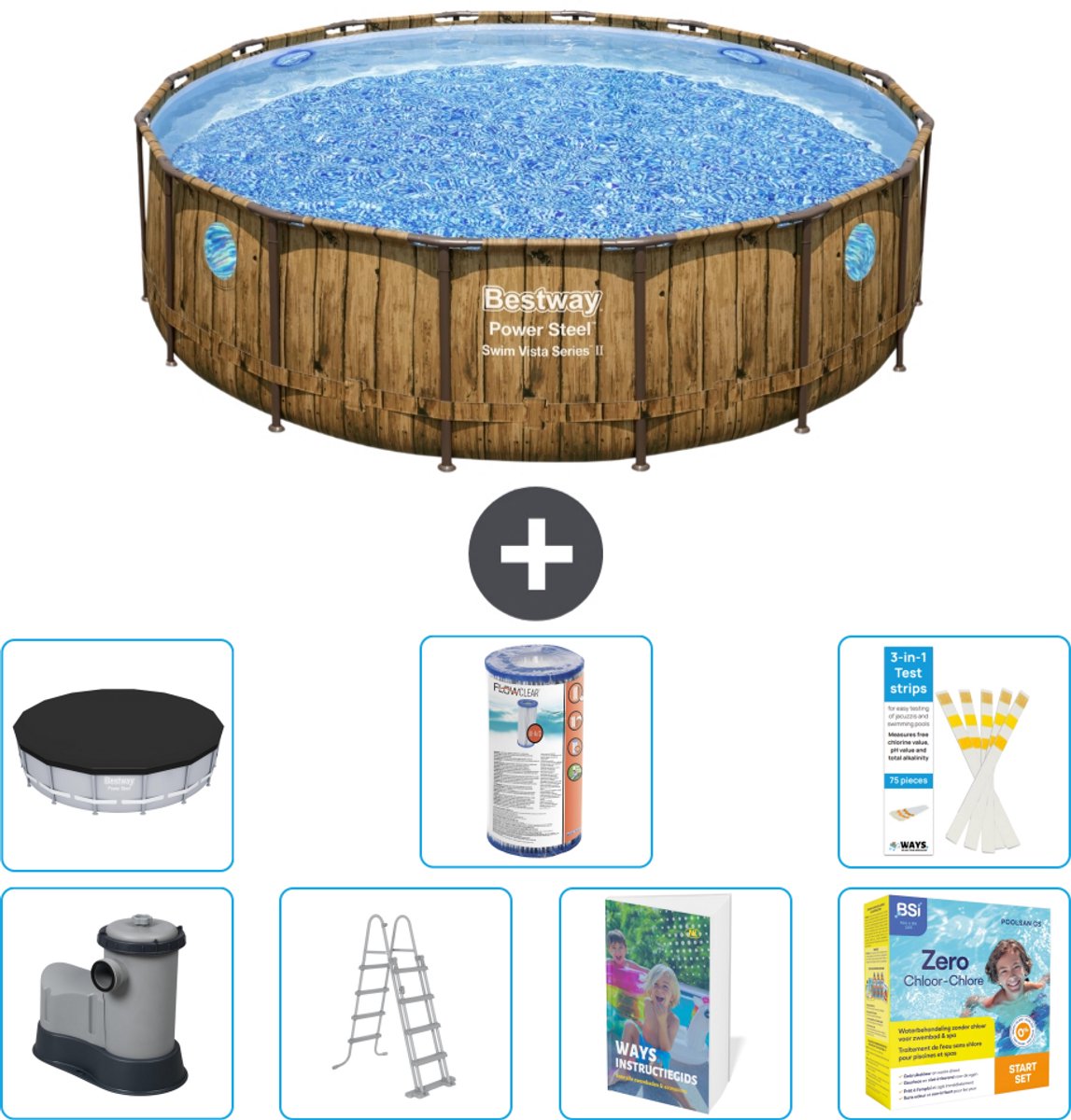 Bestway Rond Power Steel Swim Vista Zwembad - Houtprint - 488 x 122 - Inclusief Pomp - Ladder - Afdekzeil - Filter - Onderhoudspakket - 8-delig