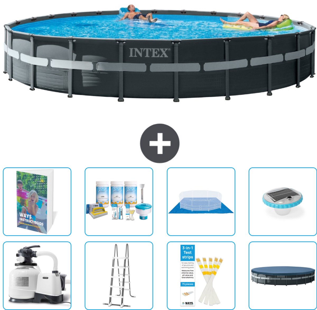 Intex Rond Ultra XTR Frame Zwembad - 732 x 132 cm - Inclusief Pomp - Ladder - Grondzeil - Afdekzeil - Onderhoudspakket - Verlichting - 9-delig