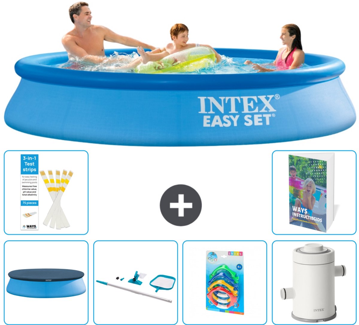 Intex Rond Opblaasbaar Easy Set Zwembad - 305 x 61 cm - Blauw - Inclusief Afdekzeil - Schoonmaakset - Speelgoed - Zwembadfilterpomp - 7-delig