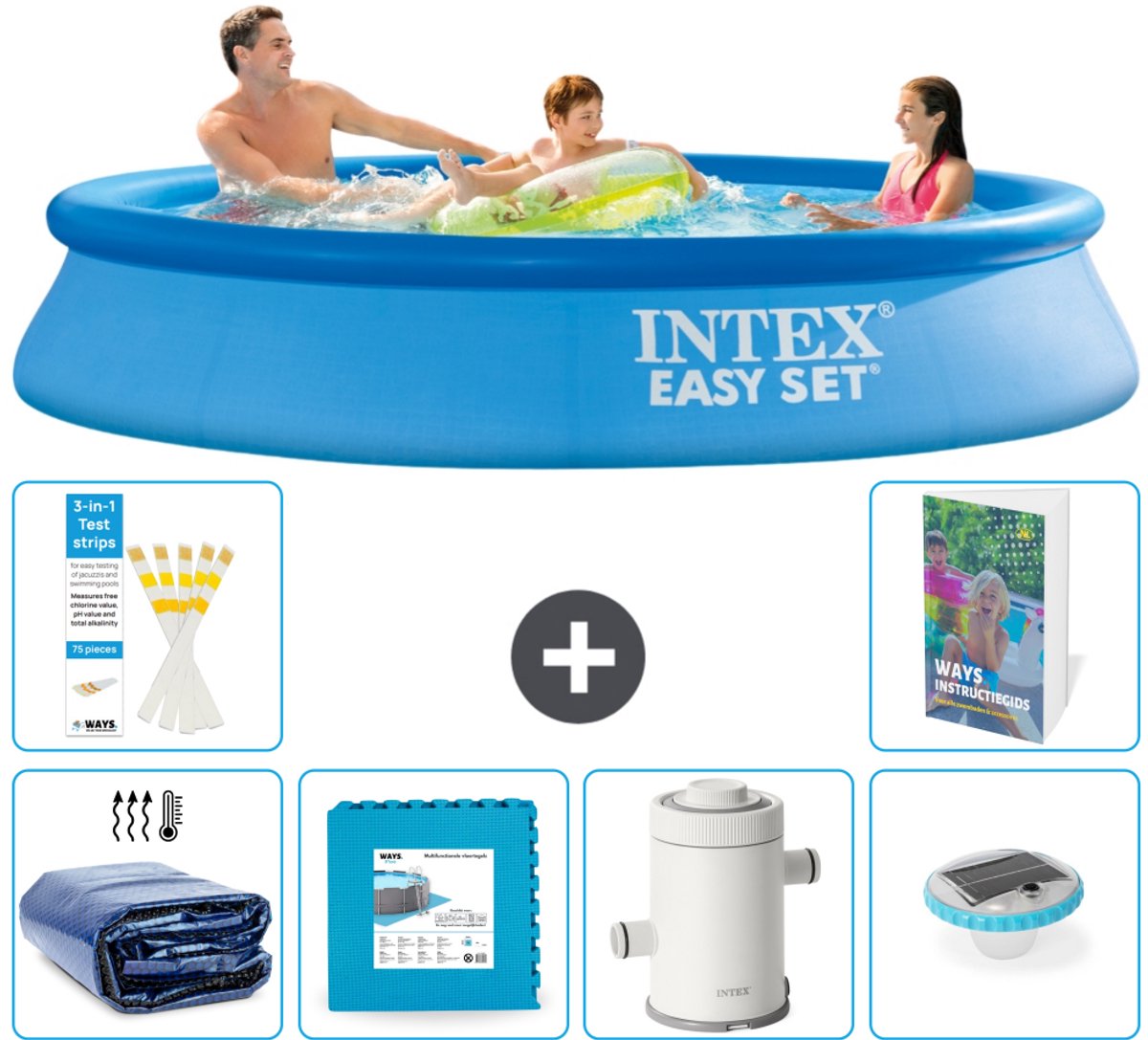 Intex Rond Opblaasbaar Easy Set Zwembad - 305 x 61 cm - Blauw - Inclusief Solarzeil - Vloertegels - Zwembadfilterpomp - Verlichting - 7-delig
