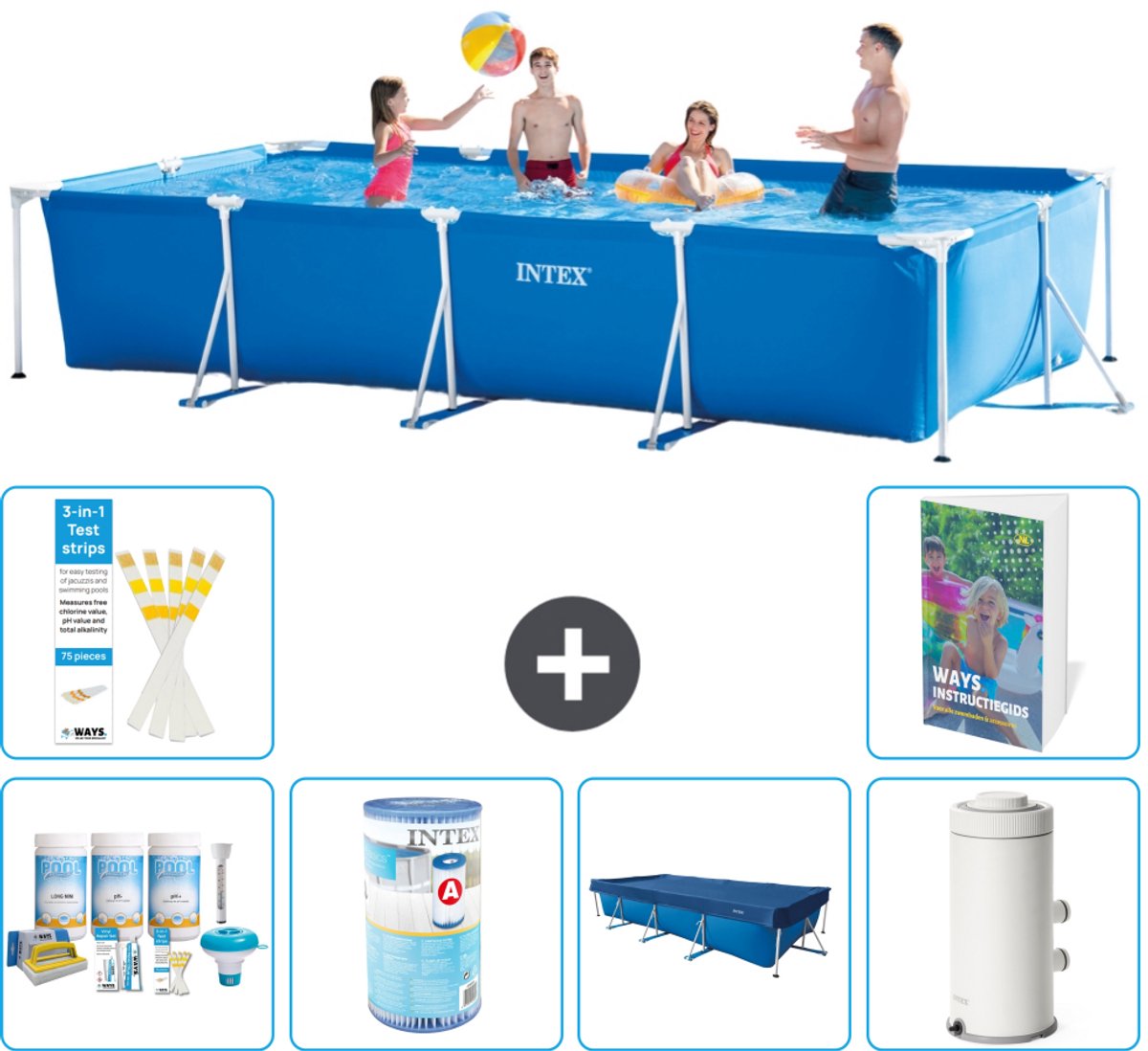 Intex Rechthoekig Frame Zwembad - 450 x 220 x 84 cm - Blauw - Inclusief Onderhoudspakket - Filter - Afdekzeil - Zwembadfilterpomp - 7-delig