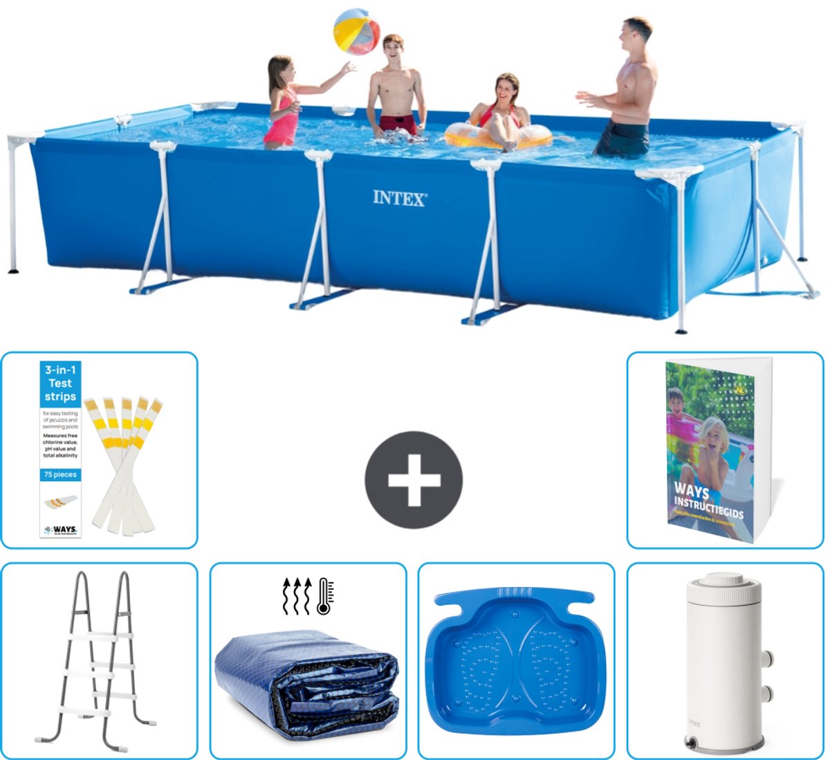 Intex Rechthoekig Frame Zwembad - 450 x 220 x 84 cm - Blauw - Inclusief Ladder - Solarzeil - Voetenbad - Zwembadfilterpomp - 7-delig