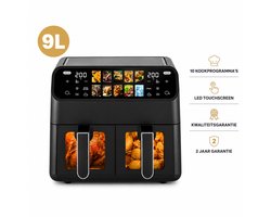 Norvia - Dubbele airfryer - XXL - 9L - 2000 W - 2 manden - 10 kookprogramma's - Helder kijkraam - 200°C - LED touchscreen - zwart