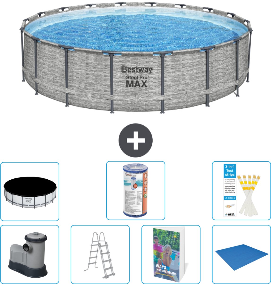 Bestway Rond Steel Pro MAX Zwembad - Steenprint - 549 x 122 - Inclusief Pomp - Ladder - Afdekzeil - Filter - Grondzeil - 8-delig