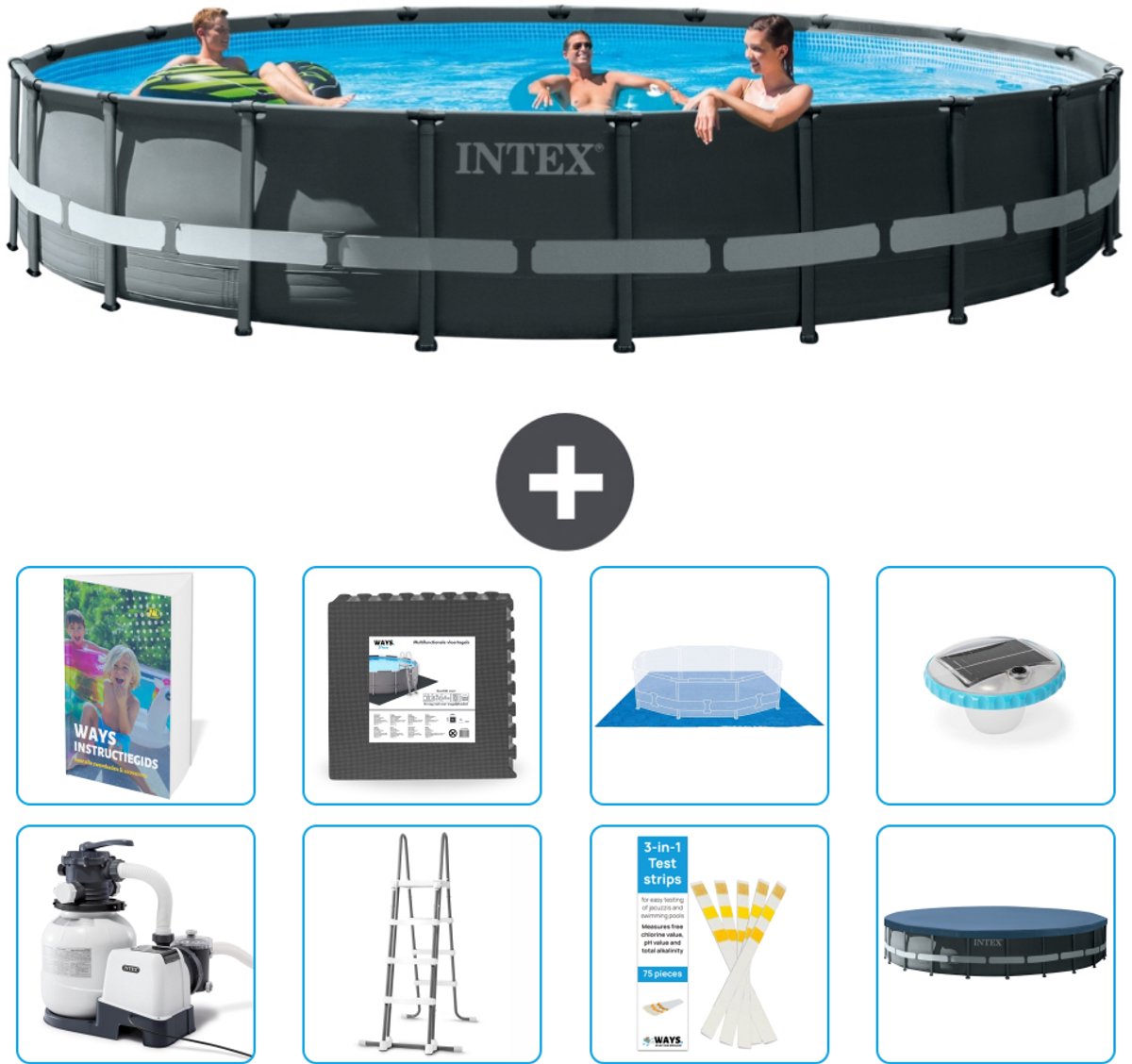 Intex Rond Ultra XTR Frame Zwembad - 610 x 122 cm - Inclusief Pomp - Ladder - Grondzeil - Afdekzeil - Vloertegels - Verlichting - 9-delig