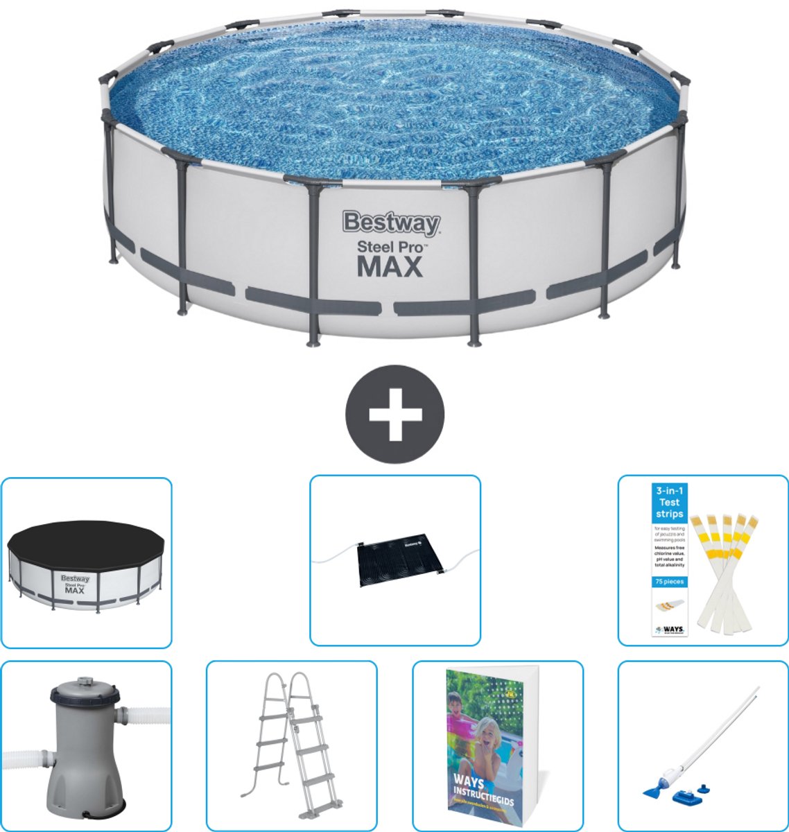 Bestway Rond Steel Pro MAX Zwembad - 427 x 107 cm - Grijs - Inclusief Pomp - Ladder - Afdekzeil - Solar Mat - Stofzuiger - 8-delig