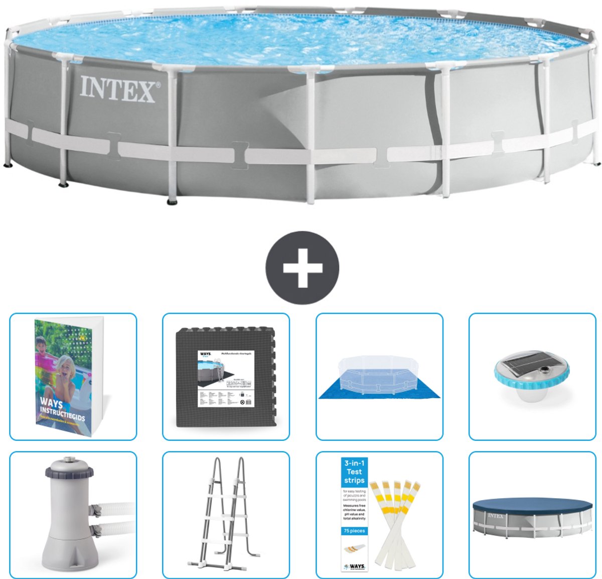 Intex Rond Prism Frame Zwembad - 457 x 107 cm - Grijs - Inclusief Pomp - Ladder - Grondzeil - Afdekzeil - Vloertegels - Verlichting - 9-delig