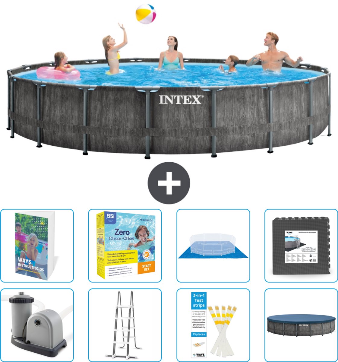 Intex Rond Prism Frame Greywood Zwembad - 549 x 122 cm - Inclusief Pomp - Ladder - Grondzeil - Afdekzeil - Onderhoudspakket - Vloertegels - 9-delig