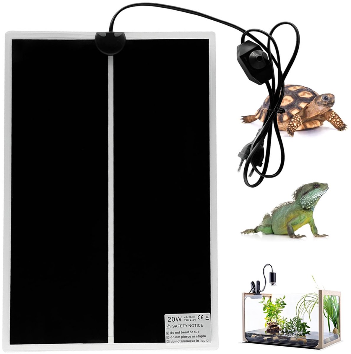 Verwarmingsmat voor huisdieren - Verwarmingsmat voor reptielen - Kan op de bodem van het terrarium worden geplaatst - Met thermostaat - Geschikt voor schildpadden, hagedissen en kikkers - 20 watt - 42 x 28 cm - Waterdicht - Verwarmingsmat