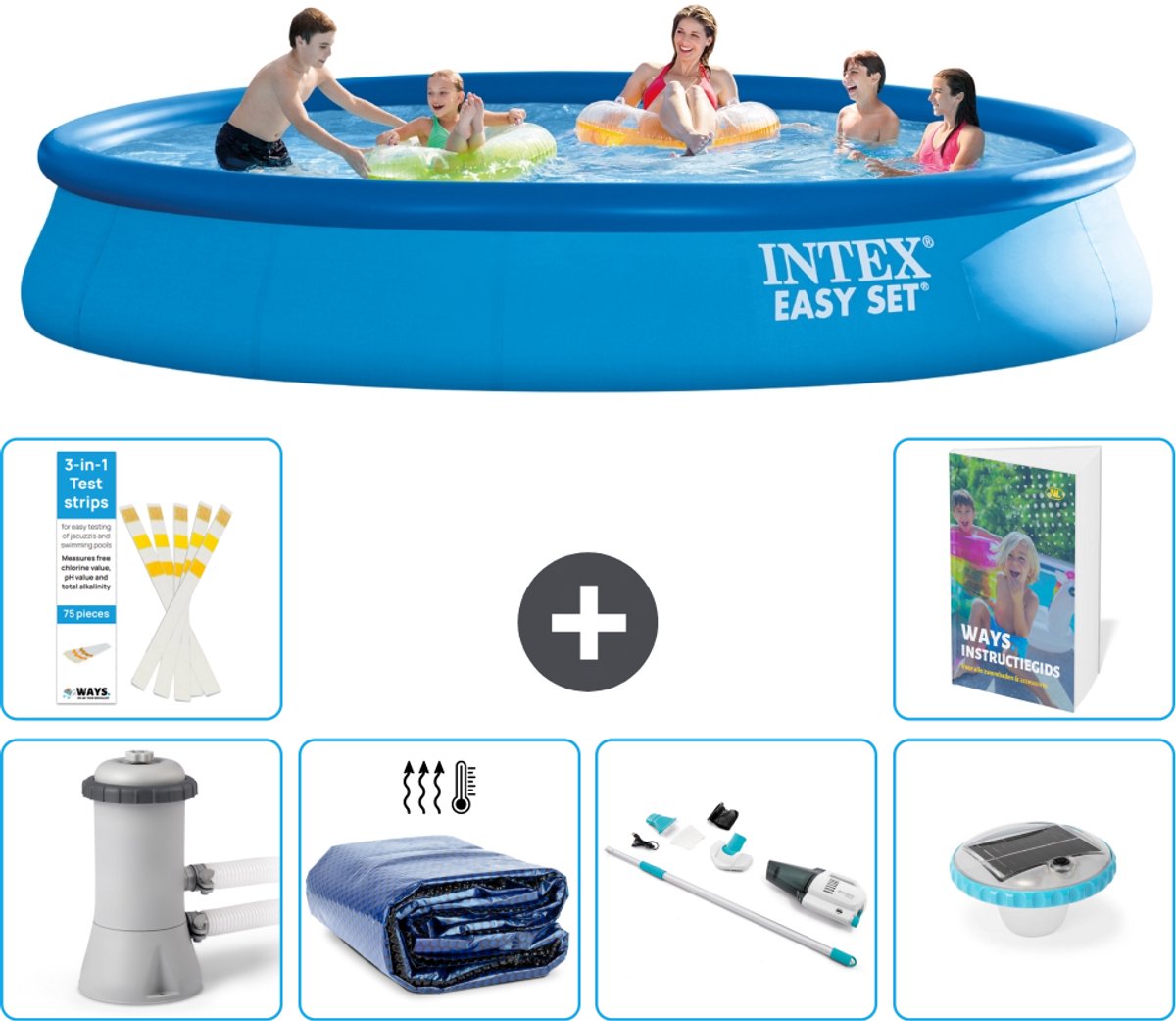 Intex Rond Opblaasbaar Easy Set Zwembad - 457 x 84 cm - Blauw - Inclusief Pomp - Solarzeil - Stofzuiger - Verlichting - 7-delig