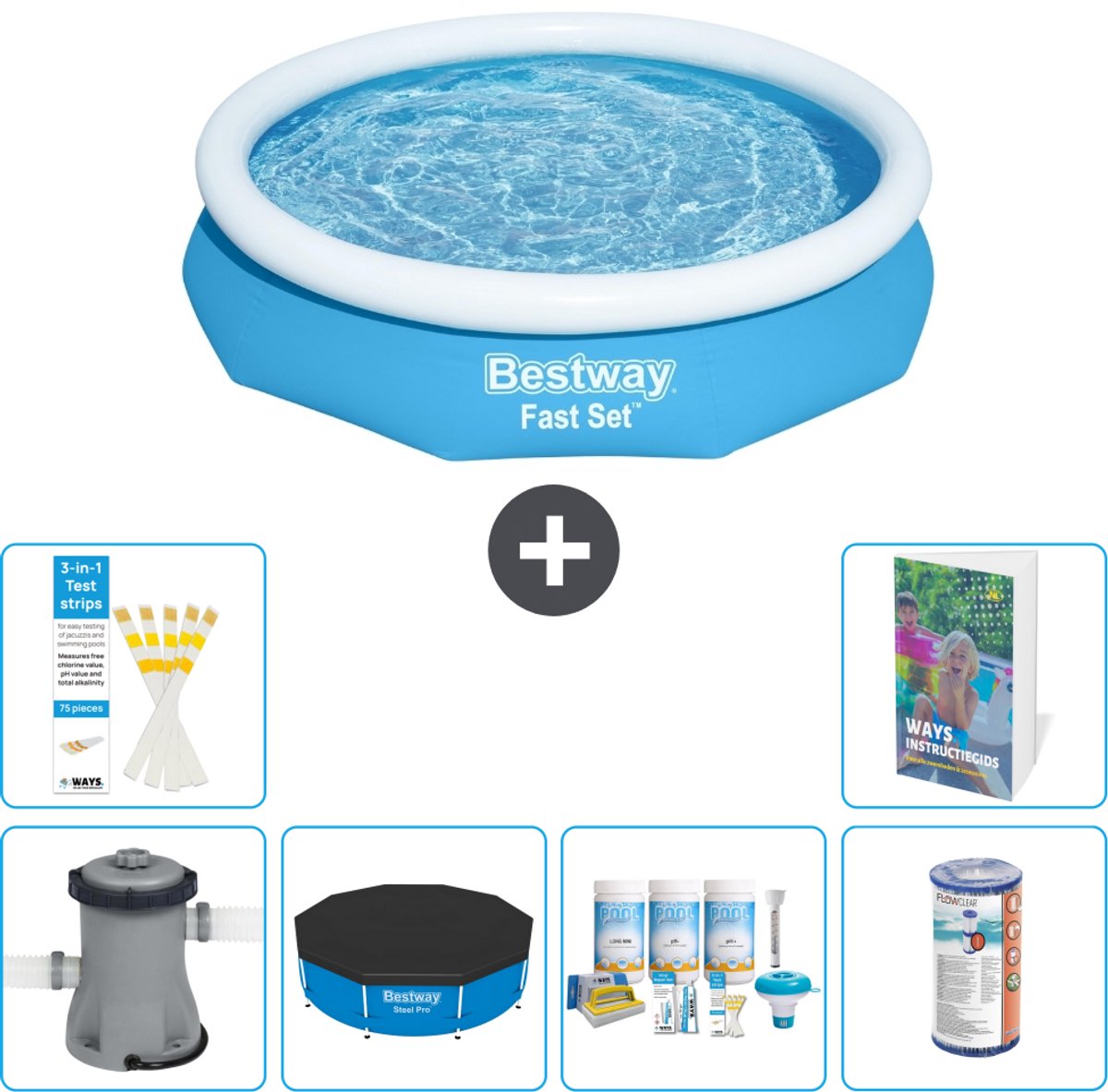 Bestway Rond Opblaasbaar Fast Set Zwembad - 305 x 66 cm - Blauw - Inclusief Pomp - Afdekzeil - Onderhoudspakket - Filter - 7-delig