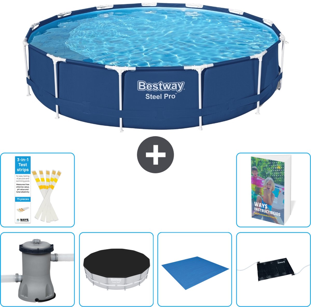 Bestway Rond Steel Pro Zwembad - 396 x 84 cm - Blauw - Inclusief Pomp - Afdekzeil - Grondzeil - Solar Mat - 7-delig