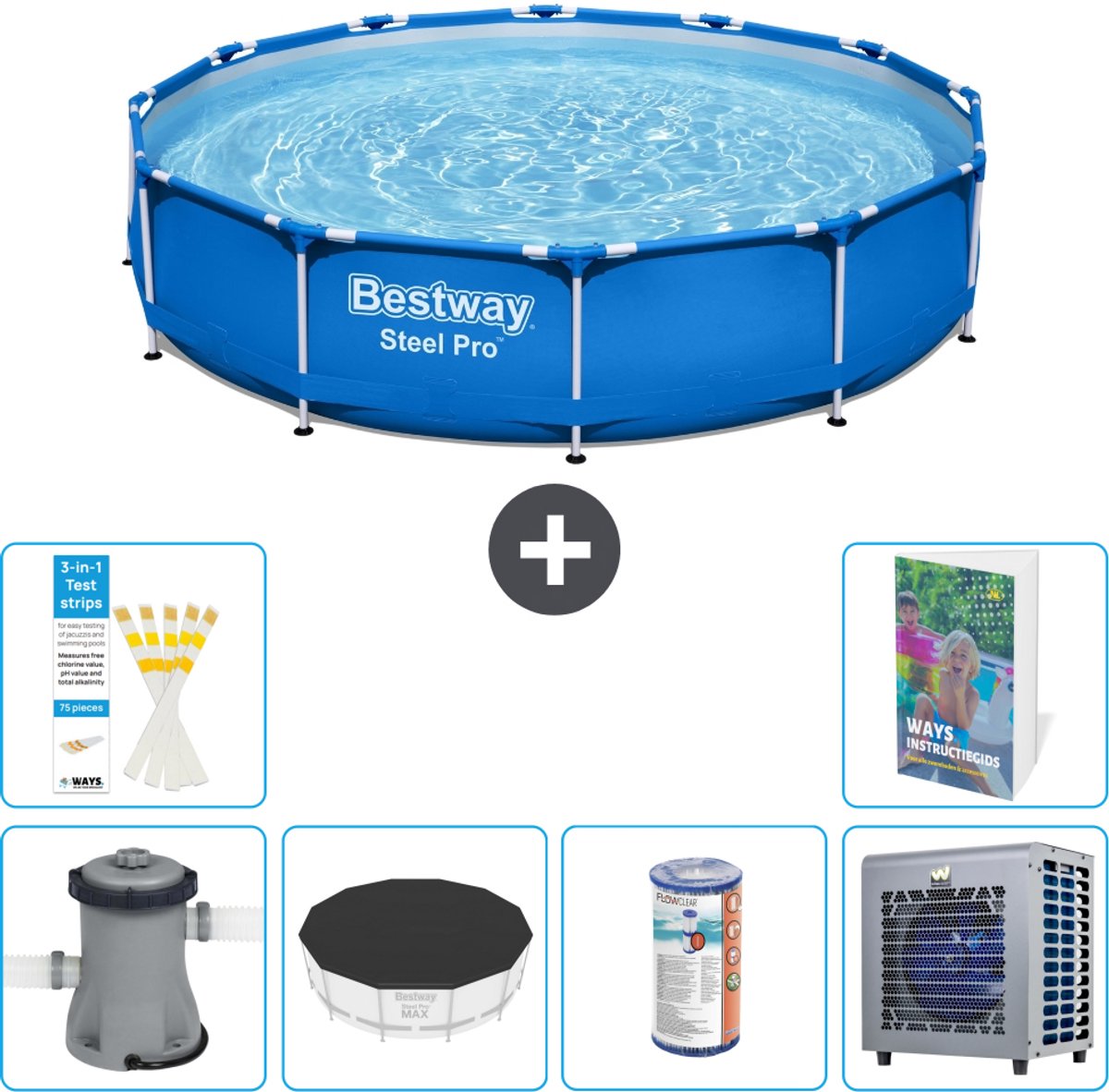 Bestway Rond Steel Pro Zwembad - 366 x 76 cm - Blauw - Inclusief Pomp - Afdekzeil - Filter - Warmtepomp - 7-delig
