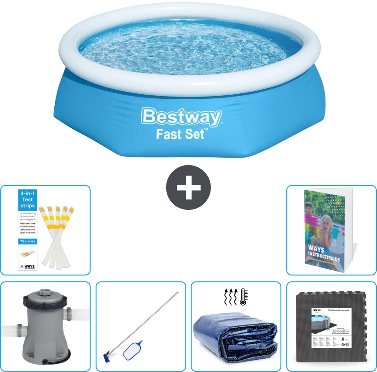 Bestway Rond Opblaasbaar Fast Set Zwembad - 244 x 61 cm - Blauw - Inclusief Pomp - Schoonmaakset - Solarzeil - Vloertegels - 7-delig