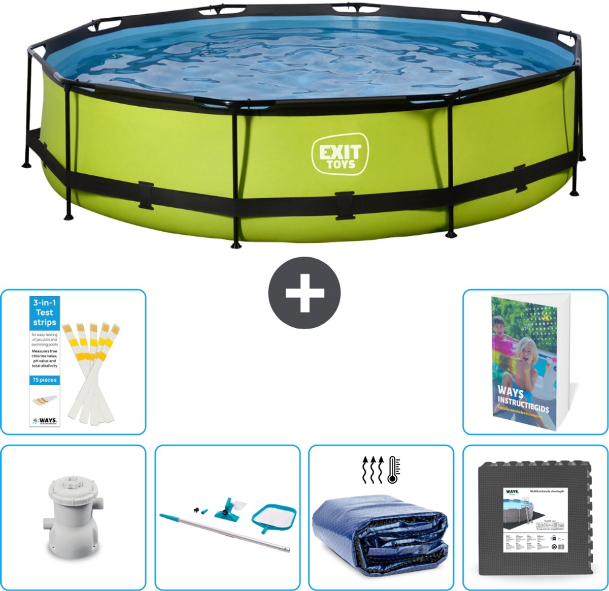 EXIT Rond Lime Frame Zwembad - 360 x 76 cm - Inclusief Pomp - Schoonmaakset - Solarzeil - Vloertegels - 7-delig