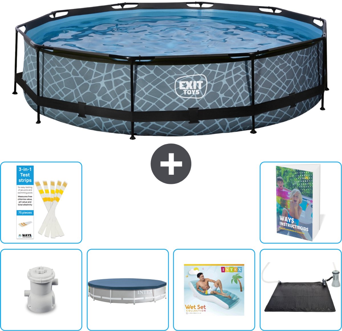 EXIT Rond Stone Frame Zwembad - 360 x 76 cm - Inclusief Pomp - Afdekzeil - Loungebed - Solar Mat - 7-delig